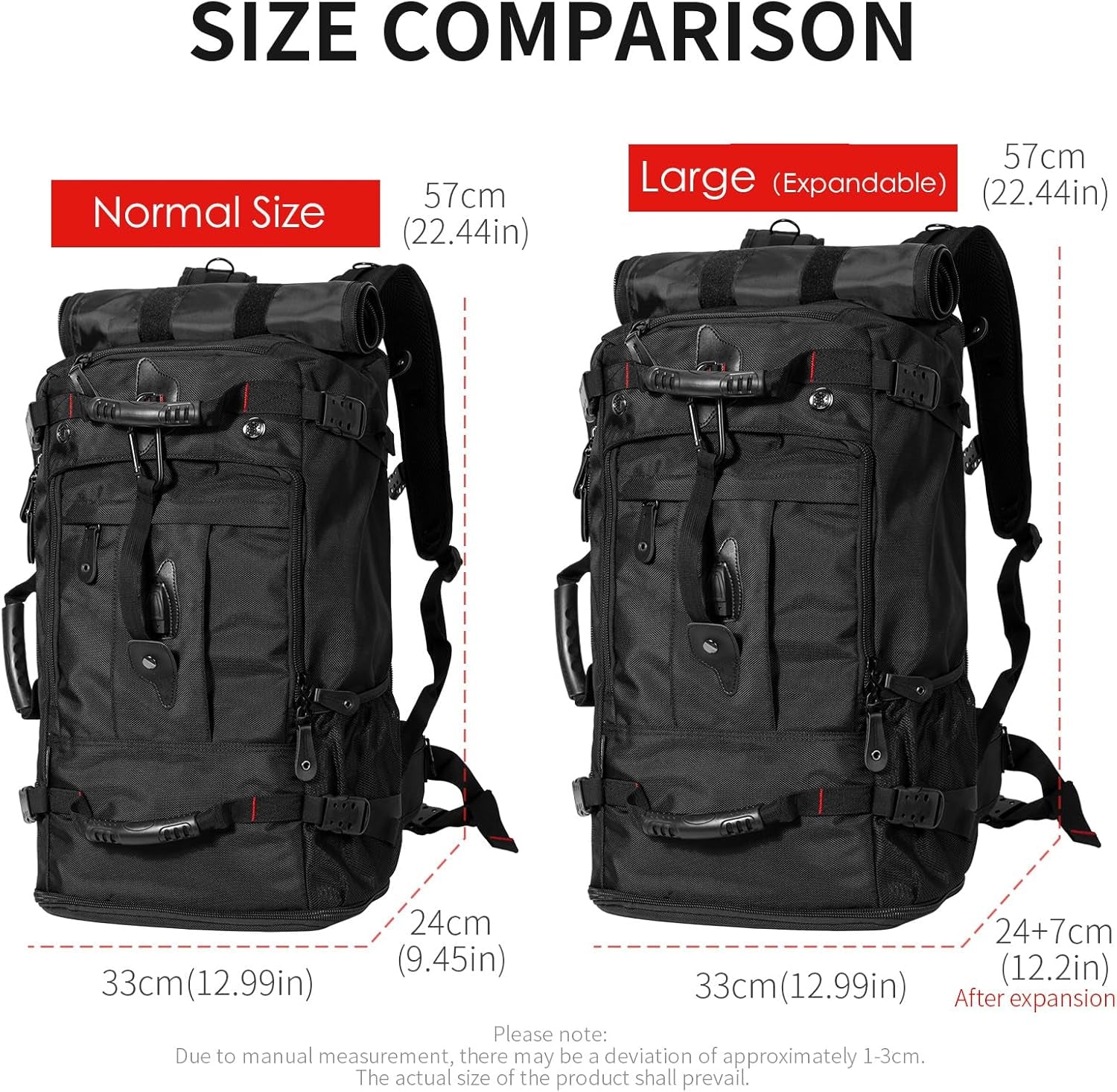 Large Capacity for Travel Hiking Sports Carry on Backpack Durable Convertible Duffle Bag Laptop Airplane (Black, 45L-Normal)