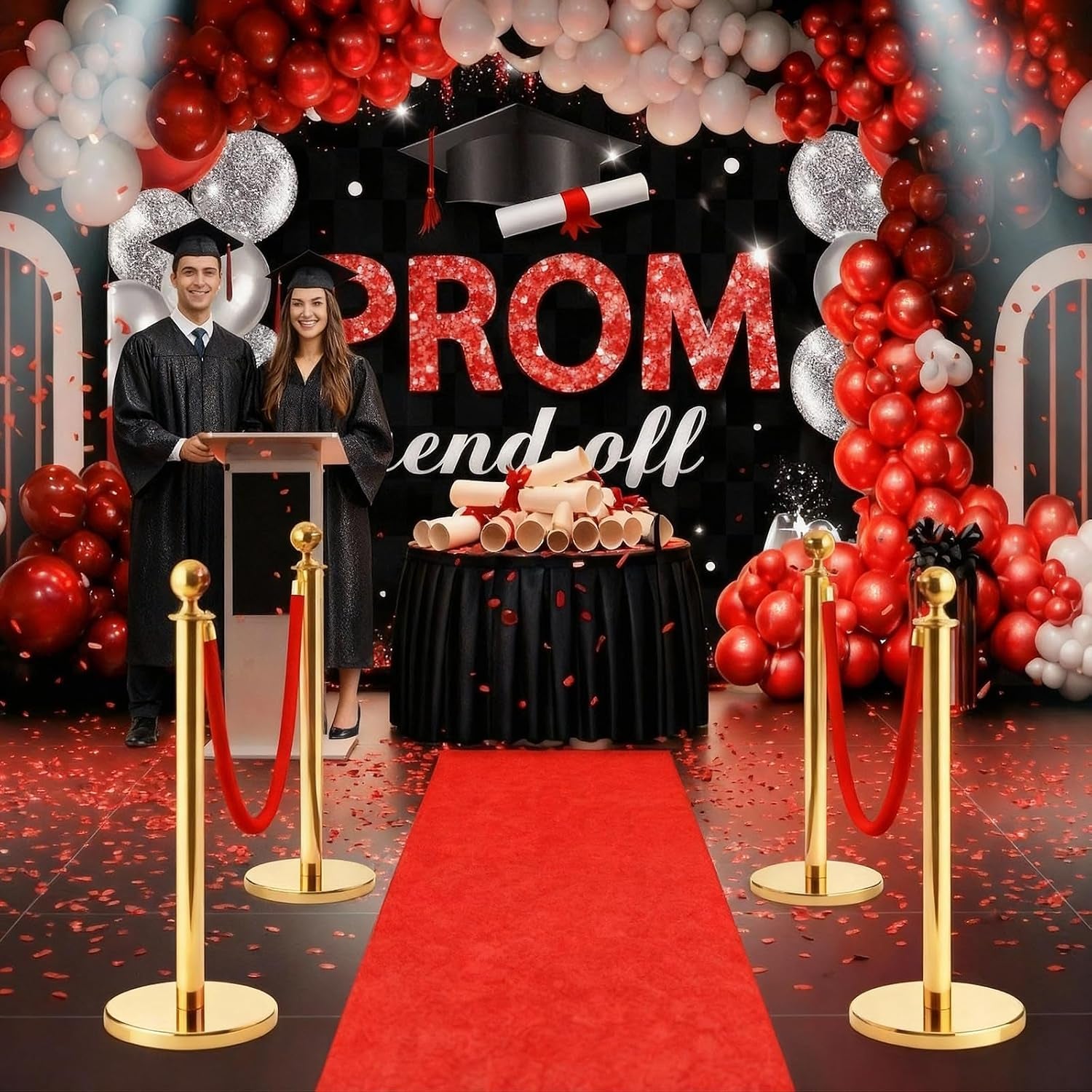 4 Set Prom Send off 2026 with Carpet Runner Stainless Steel Stanchion 7 X 5 Ft Class of 2026 Prom Background 3.3 X 16.5 Ft Carpet Runner Velvet Ropes for Graduation Party Decoration(Red)