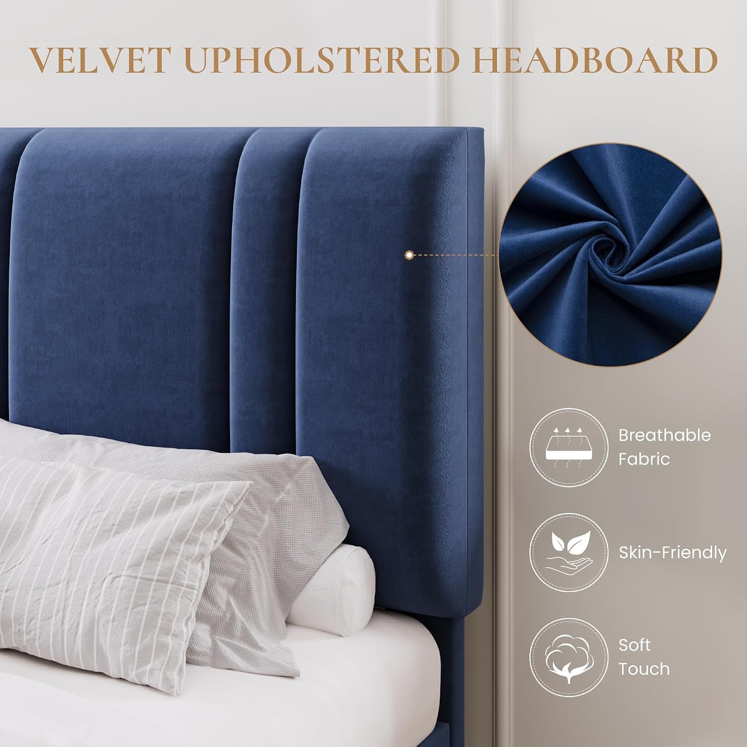King Size Velvet Bed Frame with Adjustable Headboard, Blue | Vertical Channel Tufted Design, Upholstered Platform Bed, Wood Slats Support/No Box Spring Needed/Easy Assembly