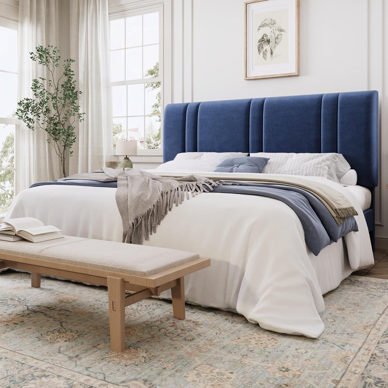 King Size Velvet Bed Frame with Adjustable Headboard, Blue | Vertical Channel Tufted Design, Upholstered Platform Bed, Wood Slats Support/No Box Spring Needed/Easy Assembly