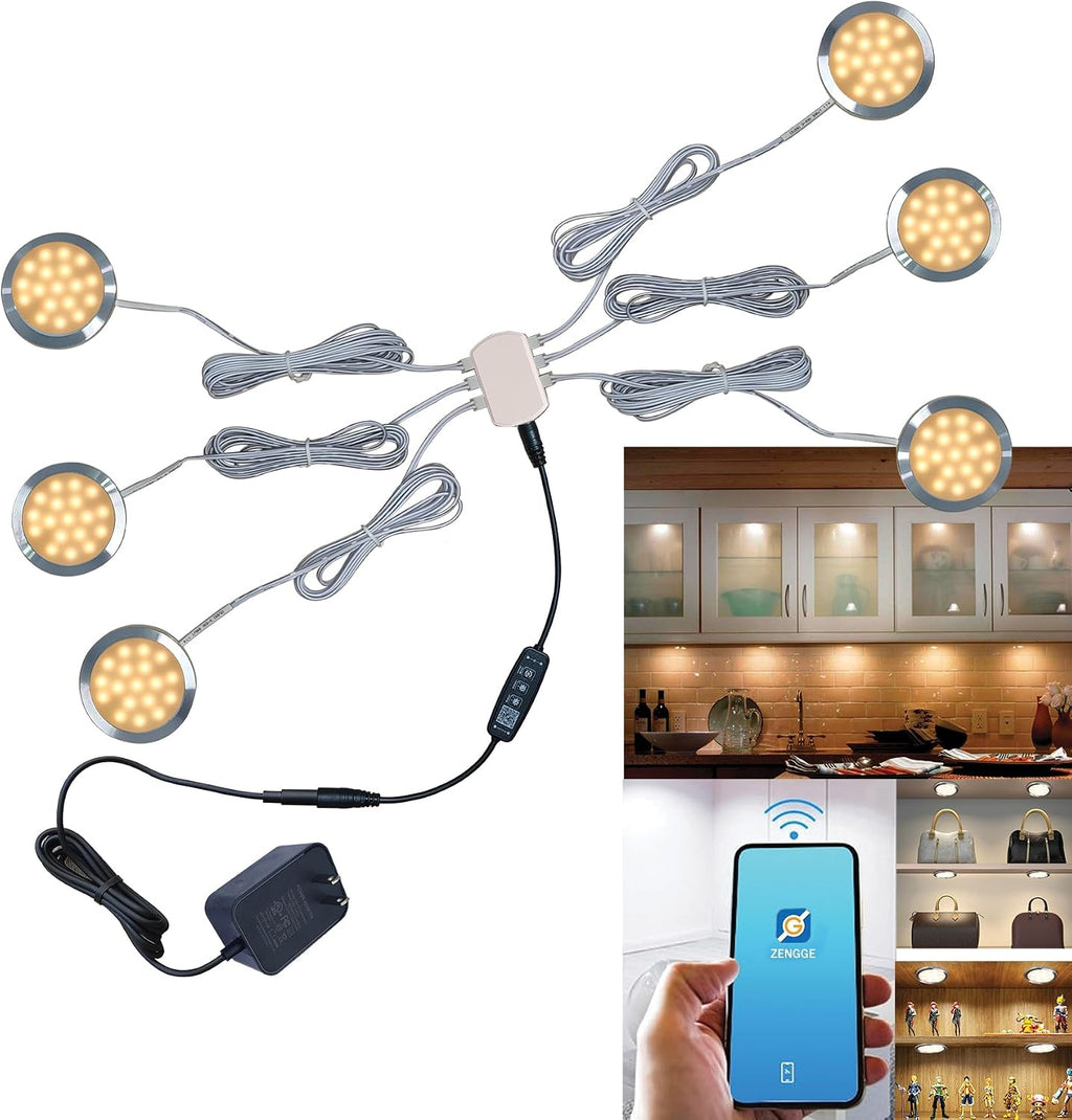 Smart Bluetooth under Cabinet LED Puck Lights, Dimmable (6, Warm-White) | App Control via ZENGGE, Warm & Cool White CCT, Timer & Music Sync, Kitchen & Shelf Use, Plug-In Power Source