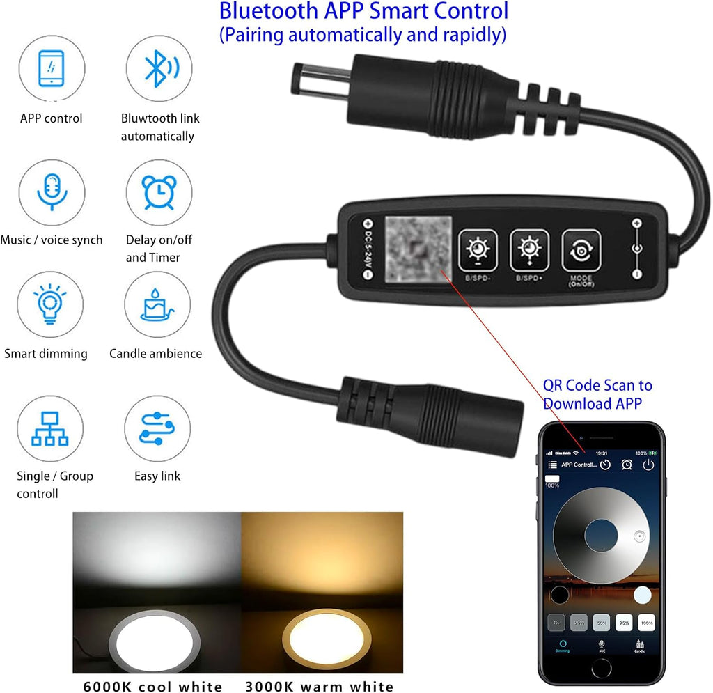 Smart Bluetooth under Cabinet LED Puck Lights, Dimmable (6, Warm-White) | App Control via ZENGGE, Warm & Cool White CCT, Timer & Music Sync, Kitchen & Shelf Use, Plug-In Power Source