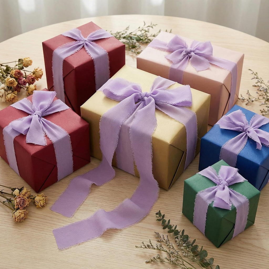 Handmade Chiffon Ribbon 1.5 Inch Wide, 3 Rolls 21 Yards, Lavender Frayed Edge Fabric Ribbon for Wedding Styling, Floral Arrangements, Gift Wrapping & Decorative Crafts(Lavender)