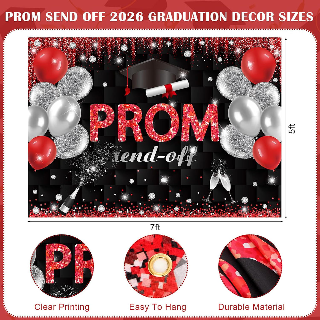 4 Set Prom Send off 2026 with Carpet Runner Stainless Steel Stanchion 7 X 5 Ft Class of 2026 Prom Background 3.3 X 16.5 Ft Carpet Runner Velvet Ropes for Graduation Party Decoration(Red)