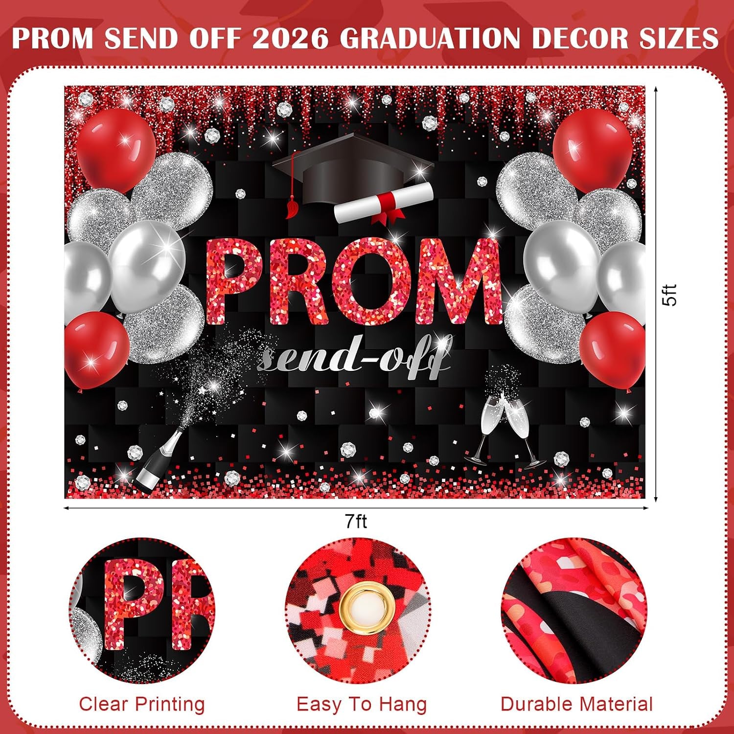 4 Set Prom Send off 2026 with Carpet Runner Stainless Steel Stanchion 7 X 5 Ft Class of 2026 Prom Background 3.3 X 16.5 Ft Carpet Runner Velvet Ropes for Graduation Party Decoration(Red)