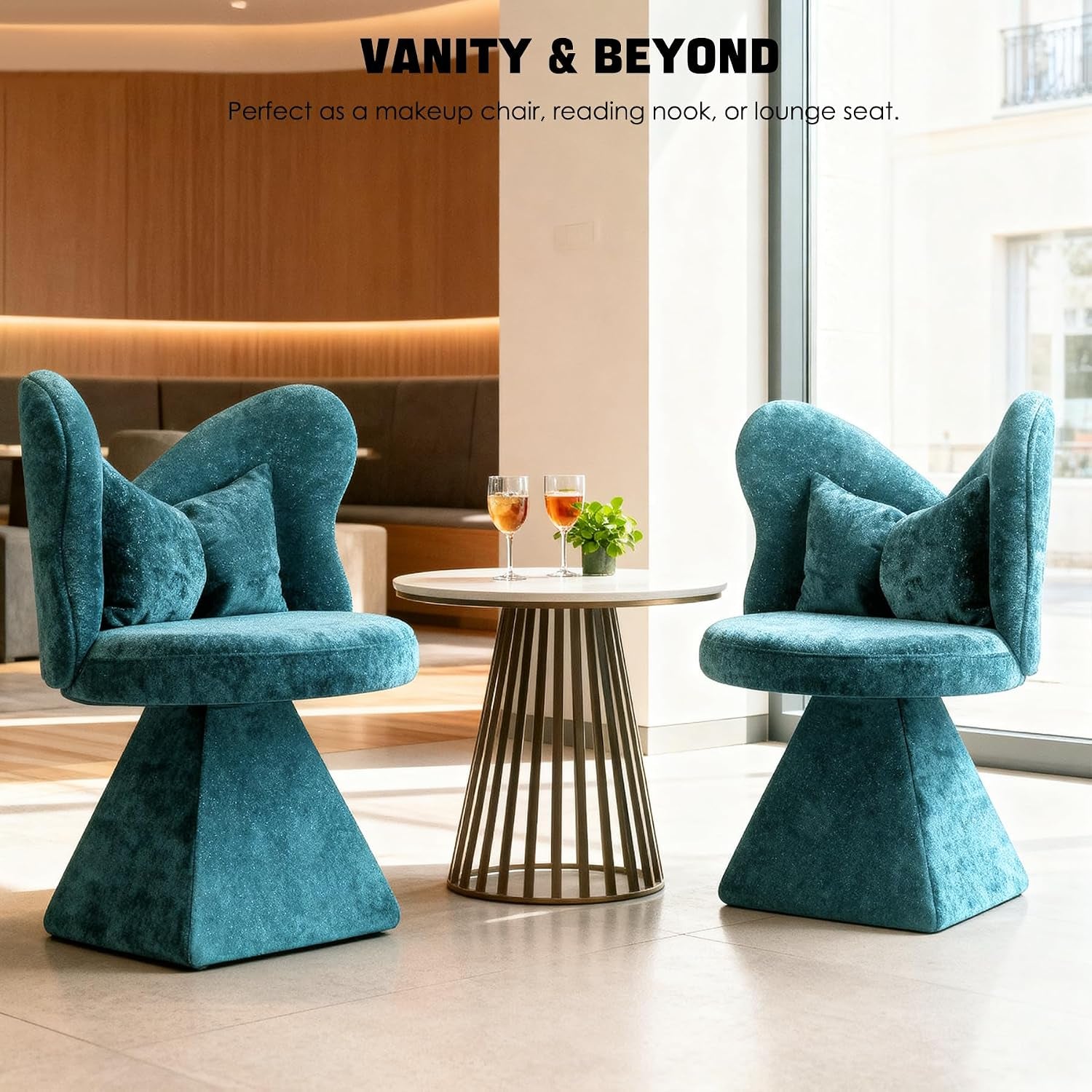 Chenille Vanity Chair with Butterfly Back, 360° Swivel Armless Accent Chair, Upholstered Single Sofa Chair for Living Room, Bedroom, Dining, or Vanity, Blue