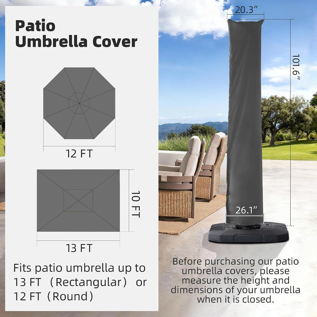 Cantilever Patio Umbrella Cover Outdoor Umbrella Covers, Grey | Telescopic Rod & Zipper, Waterproof, UV Resistant, for 9X9 FT, 10X10 FT, 9X12 FT and 10X13 FT Cantilever Umbrellas