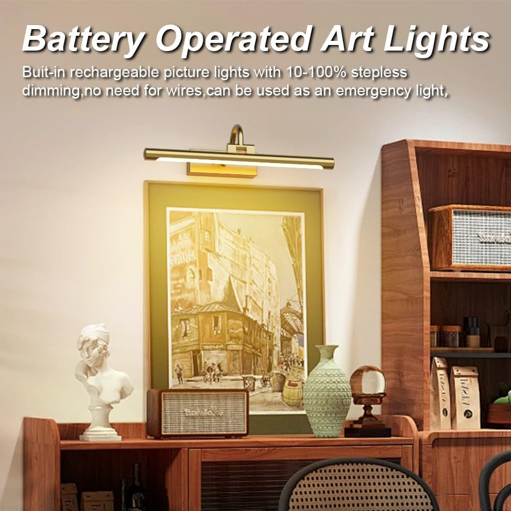 15.7" Brass Picture Lights for Wall Rechargeable,10000Mah Battery Operated Art Light for Paintings,3Cct Dimmable, Rotatable Gallery Light for Pictures Display