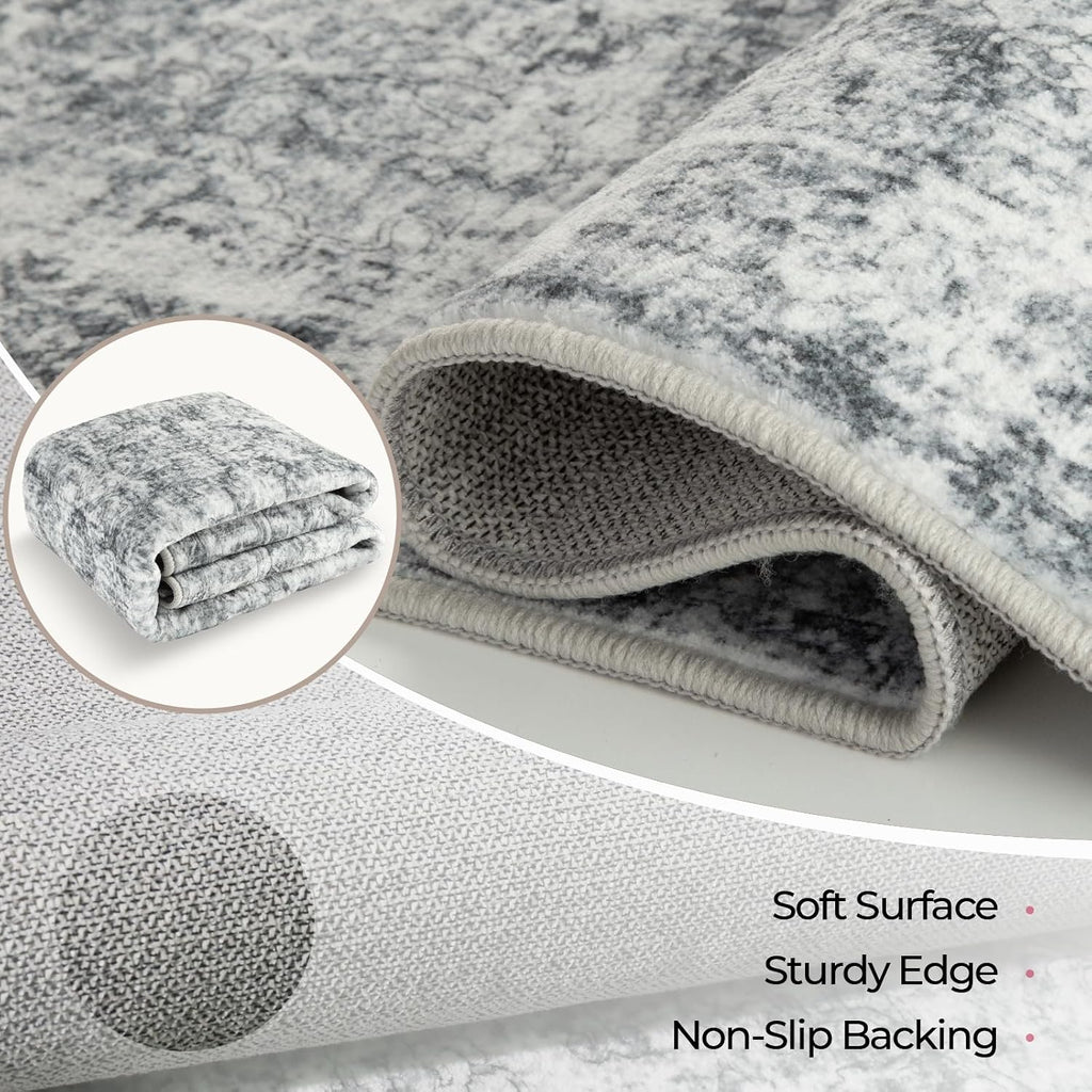 7X9 Washable Nursery Girls Low Pile Area Rug Grey | Non-Slip Soft Rugs for Bedroom Kids Playroom Living Room, Print Pattern Water Repellent Carpet Indoor Decor
