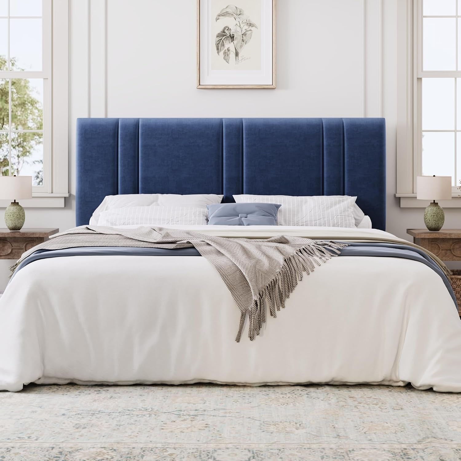 King Size Velvet Bed Frame with Adjustable Headboard, Blue | Vertical Channel Tufted Design, Upholstered Platform Bed, Wood Slats Support/No Box Spring Needed/Easy Assembly