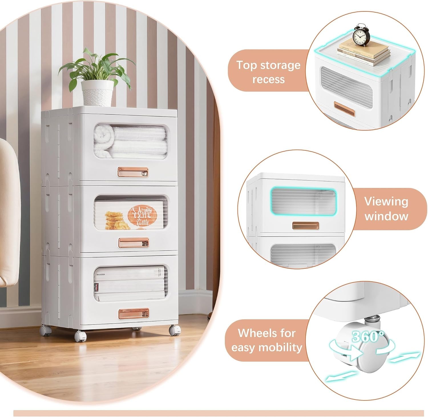 Plastic Storage Cabinet with Drawers, Stackable Storage Bins with Wheels, Waterproof Bathroom Storage Organizer, Multi-Tier Storage Drawers for Bedroom, Living Room, Kitchen, Medium 2-Tier