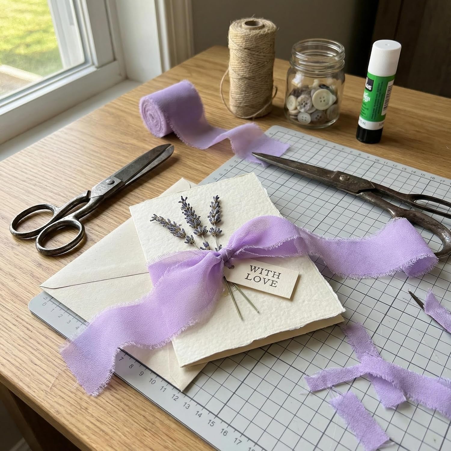 Handmade Chiffon Ribbon 1.5 Inch Wide, 3 Rolls 21 Yards, Lavender Frayed Edge Fabric Ribbon for Wedding Styling, Floral Arrangements, Gift Wrapping & Decorative Crafts(Lavender)