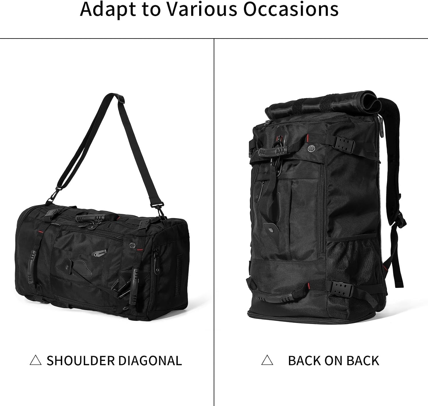 Large Capacity for Travel Hiking Sports Carry on Backpack Durable Convertible Duffle Bag Laptop Airplane (Black, 45L-Normal)