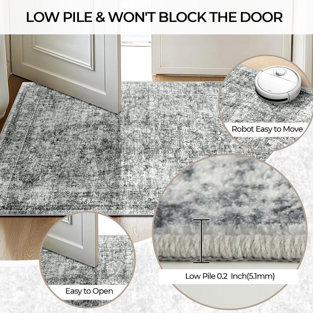 7X9 Washable Nursery Girls Low Pile Area Rug Grey | Non-Slip Soft Rugs for Bedroom Kids Playroom Living Room, Print Pattern Water Repellent Carpet Indoor Decor