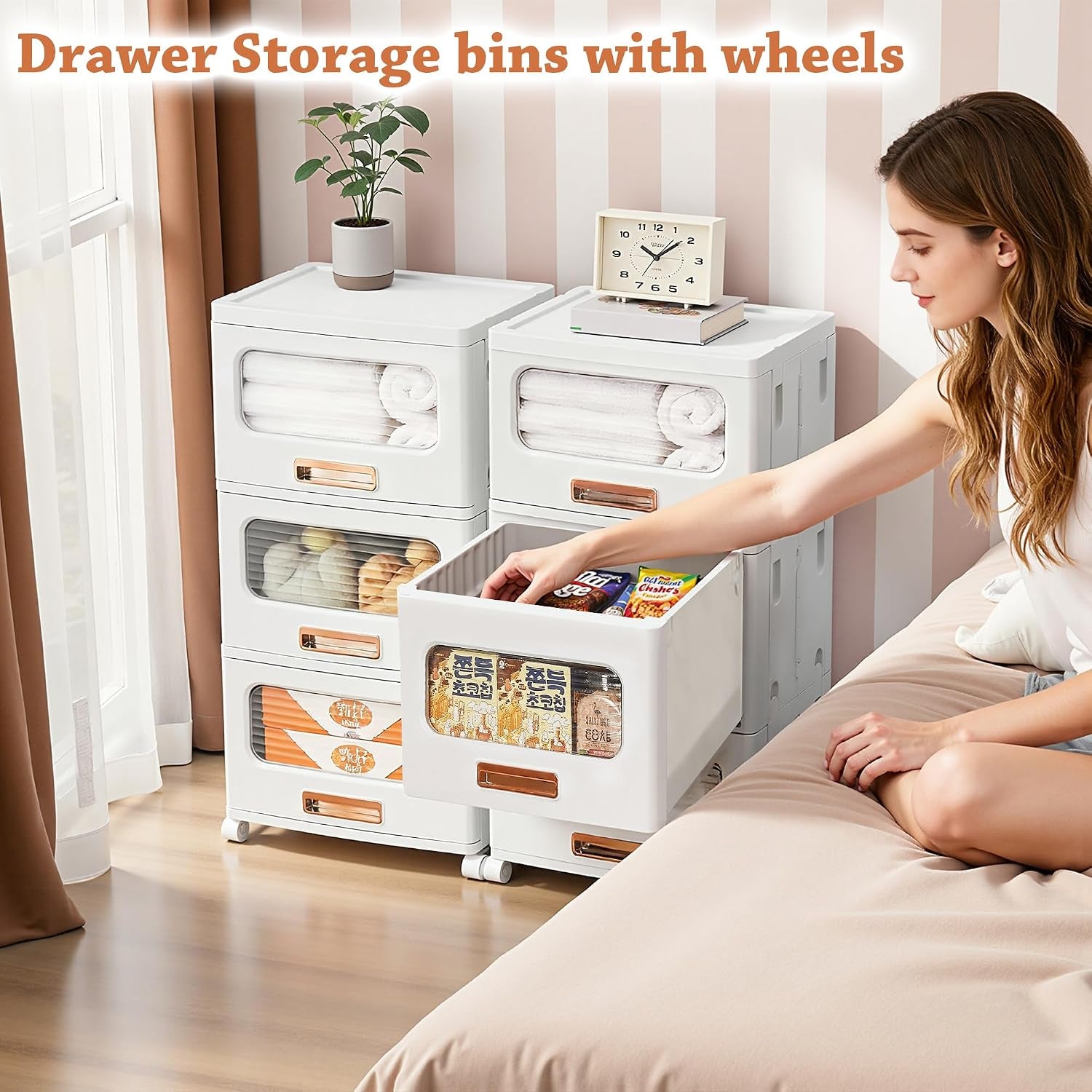 Plastic Storage Cabinet with Drawers, Stackable Storage Bins with Wheels, Waterproof Bathroom Storage Organizer, Multi-Tier Storage Drawers for Bedroom, Living Room, Kitchen, Medium 2-Tier