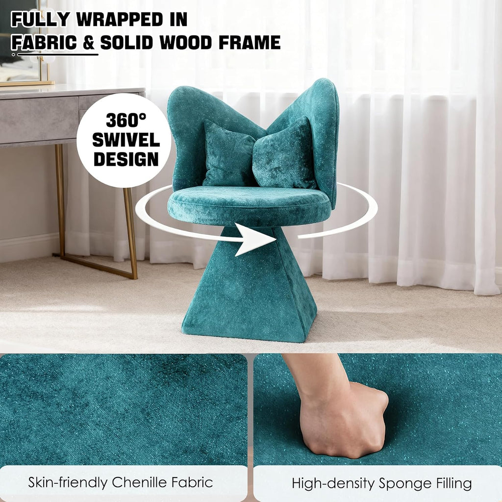 Chenille Vanity Chair with Butterfly Back, 360° Swivel Armless Accent Chair, Upholstered Single Sofa Chair for Living Room, Bedroom, Dining, or Vanity, Blue