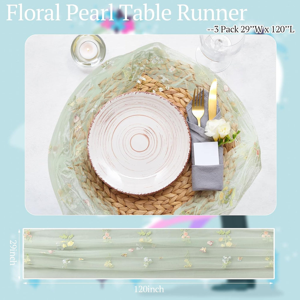 3 Pcs Sage Green Wildflower Table Runner 10Ft Embroidery Tulle Spring Floral Table Runner Seasonal Summer Butterfly Kitchen Dining Gauze Decoration for Wedding Baby Shower Birthday Party