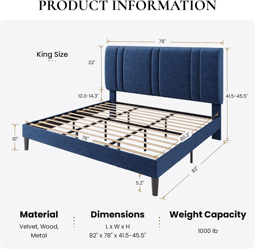 King Size Velvet Bed Frame with Adjustable Headboard, Blue | Vertical Channel Tufted Design, Upholstered Platform Bed, Wood Slats Support/No Box Spring Needed/Easy Assembly
