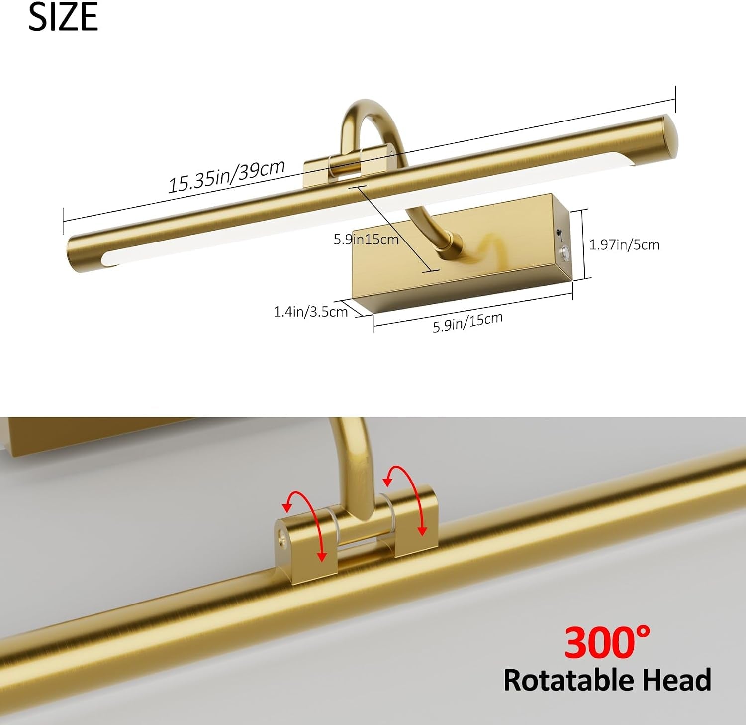 15.7" Brass Picture Lights for Wall Rechargeable,10000Mah Battery Operated Art Light for Paintings,3Cct Dimmable, Rotatable Gallery Light for Pictures Display