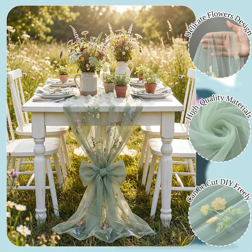 3 Pcs Sage Green Wildflower Table Runner 10Ft Embroidery Tulle Spring Floral Table Runner Seasonal Summer Butterfly Kitchen Dining Gauze Decoration for Wedding Baby Shower Birthday Party