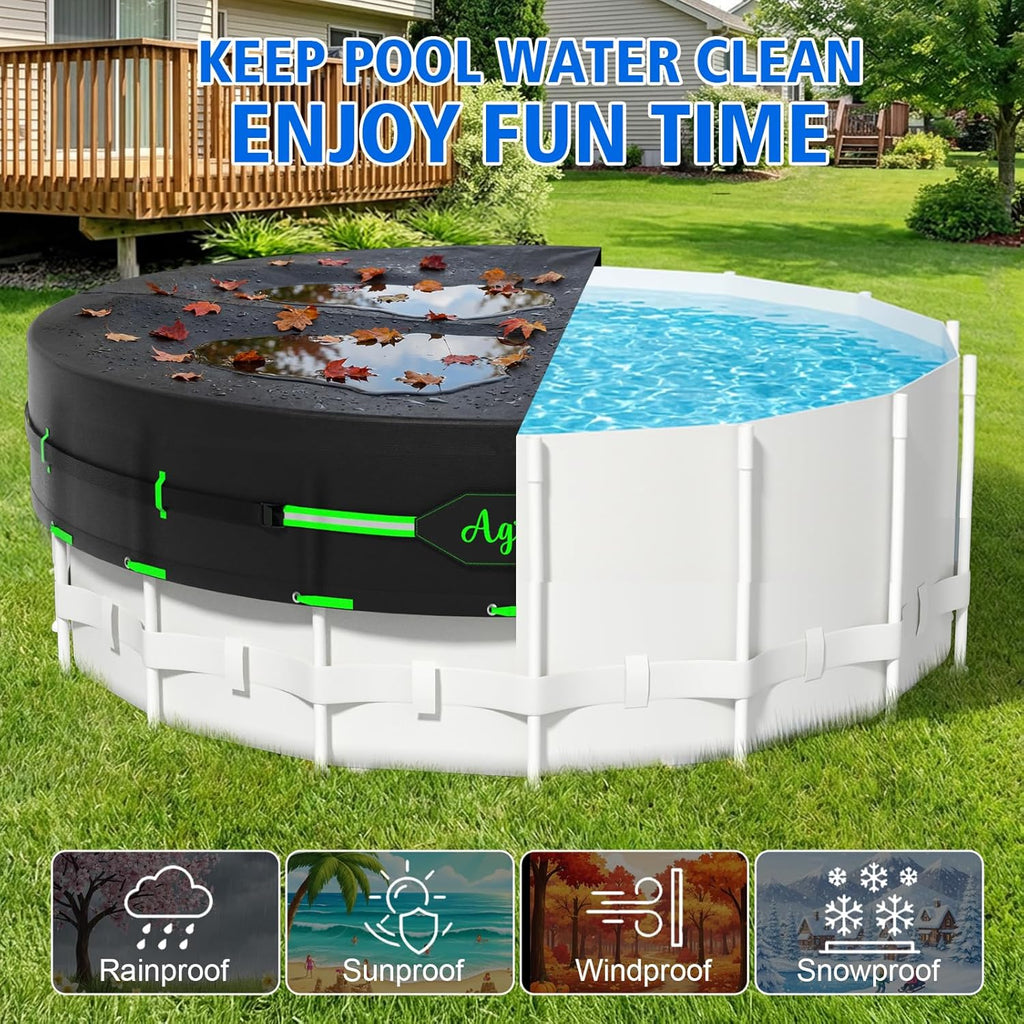 10Ft round Pool Cover for above Ground Pools, 420D Heavy Duty Solar Pool Cover with Windproof Strap Tensioner & Strips Fastener, Side Seamless Tear Resistant, Weatherproof & UV Resistant