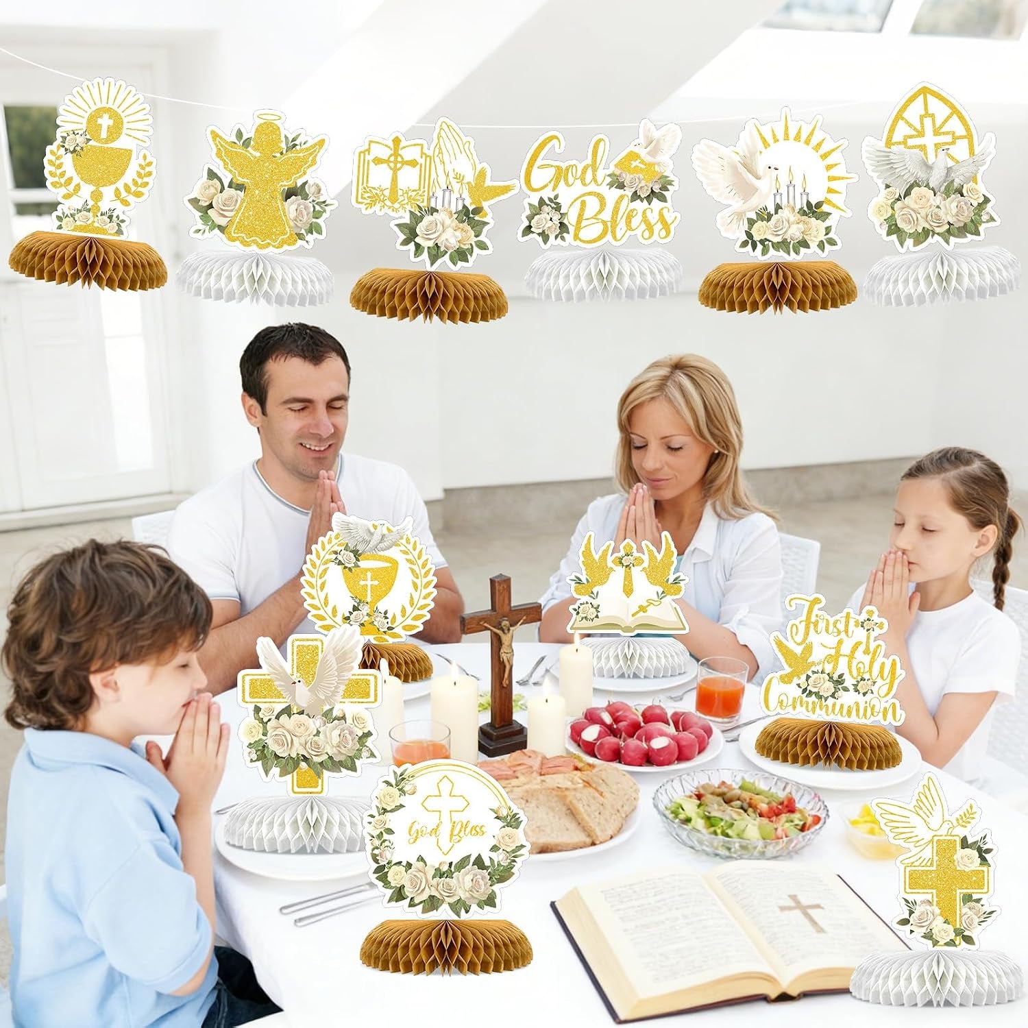 12 Pcs First Communion Decoration Baptism Party Honeycomb Centerpieces God Bless Cross Table Toppers for Baptism Themed Birthday Baby Shower Supplies (Holy Communion)