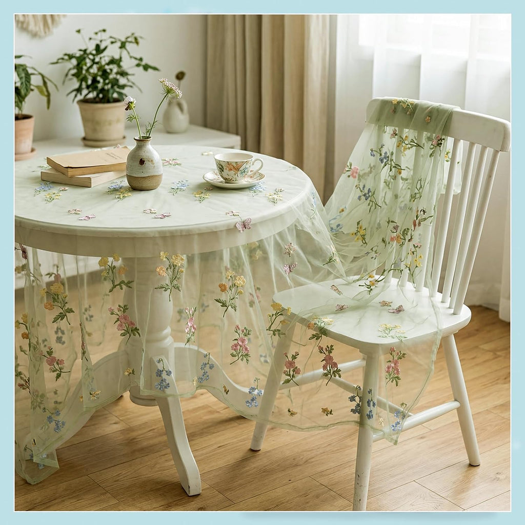 3 Pcs Sage Green Wildflower Table Runner 10Ft Embroidery Tulle Spring Floral Table Runner Seasonal Summer Butterfly Kitchen Dining Gauze Decoration for Wedding Baby Shower Birthday Party