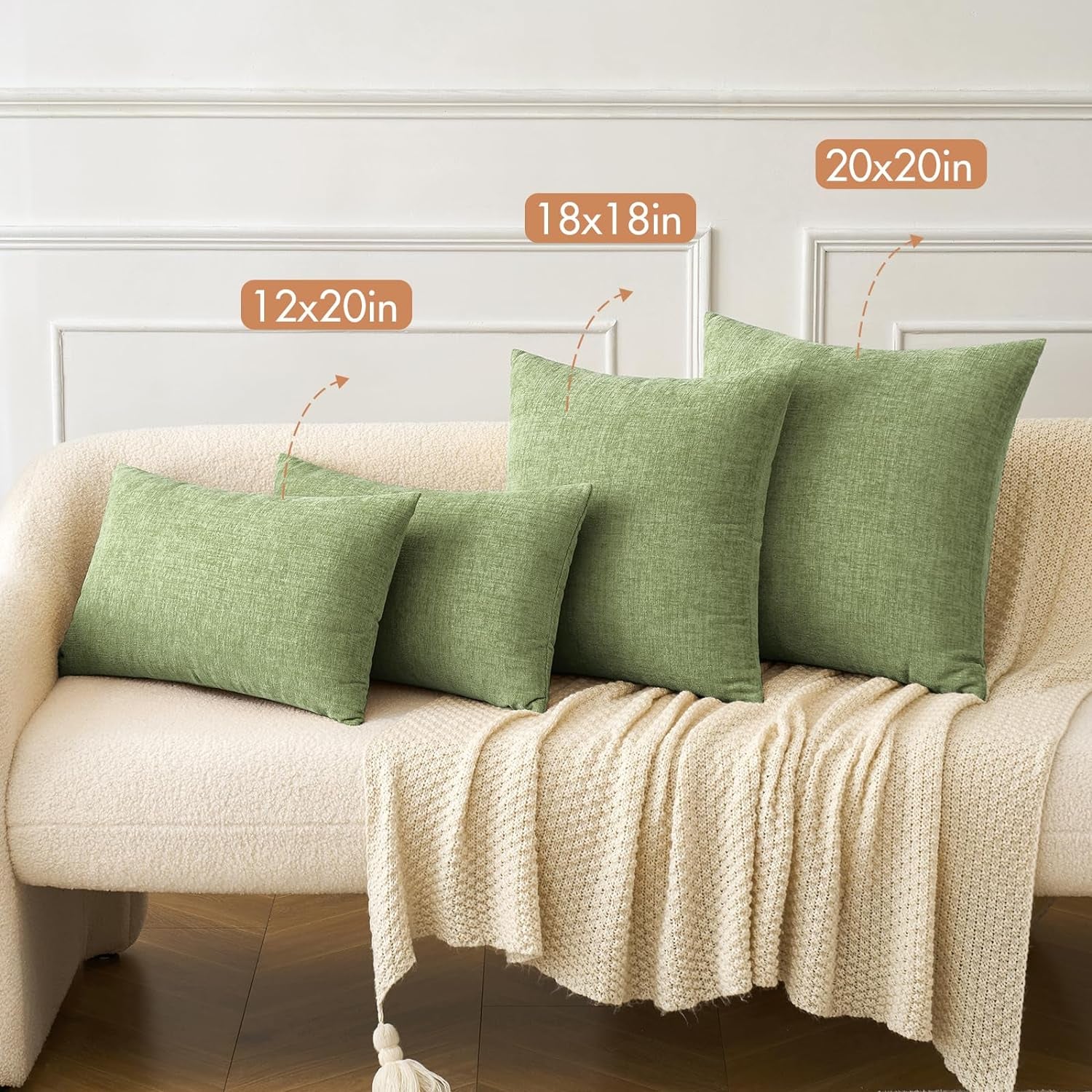Pack of 2 Couch Throw Pillow Covers 18X18 Inch Spring Soft Sage Green Chenille Pillow Covers for Sofa Living Room Solid Dyed Pillow Cases