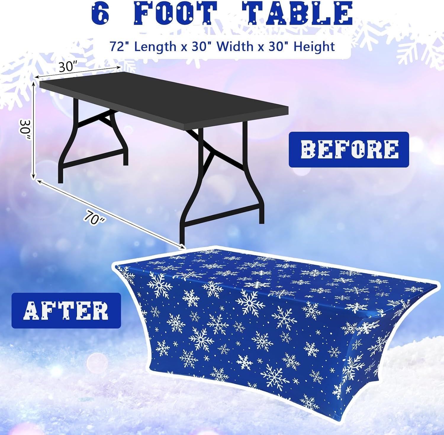 2 Pcs Winter Snowflake Stretch Table Cover 6 Feet Snowflake Xmas Spandex Table Clothes Party Decorations for Holiday Party Celebration Picnic Dinner Decor
