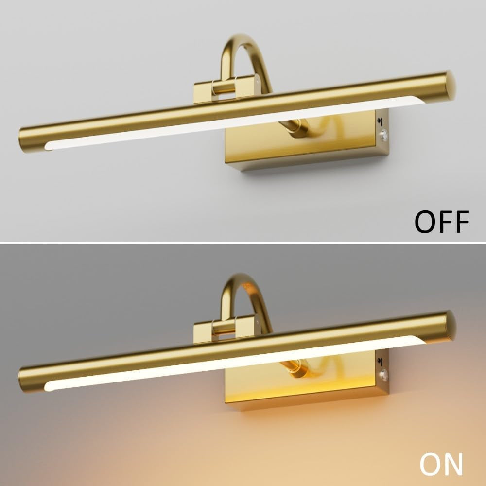 15.7" Brass Picture Lights for Wall Rechargeable,10000Mah Battery Operated Art Light for Paintings,3Cct Dimmable, Rotatable Gallery Light for Pictures Display
