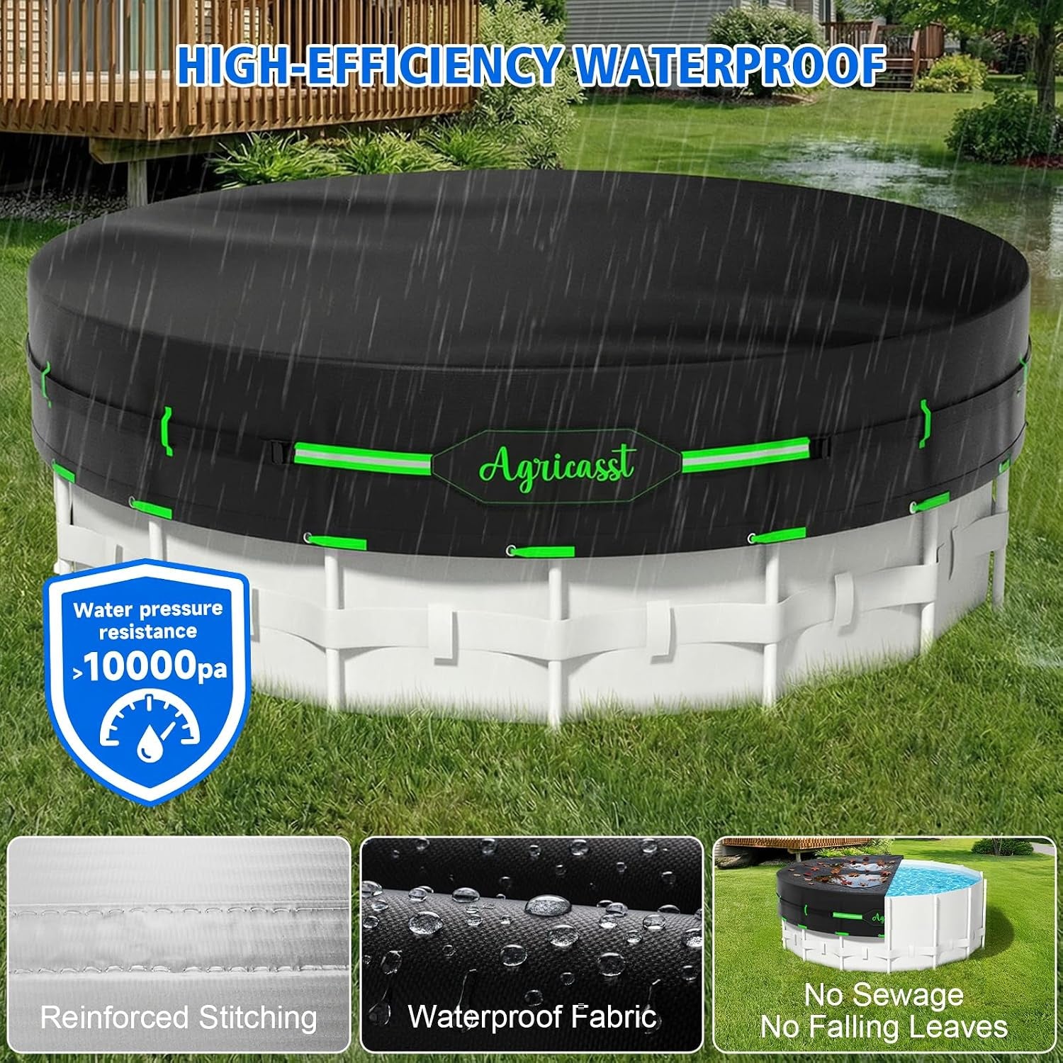 10Ft round Pool Cover for above Ground Pools, 420D Heavy Duty Solar Pool Cover with Windproof Strap Tensioner & Strips Fastener, Side Seamless Tear Resistant, Weatherproof & UV Resistant