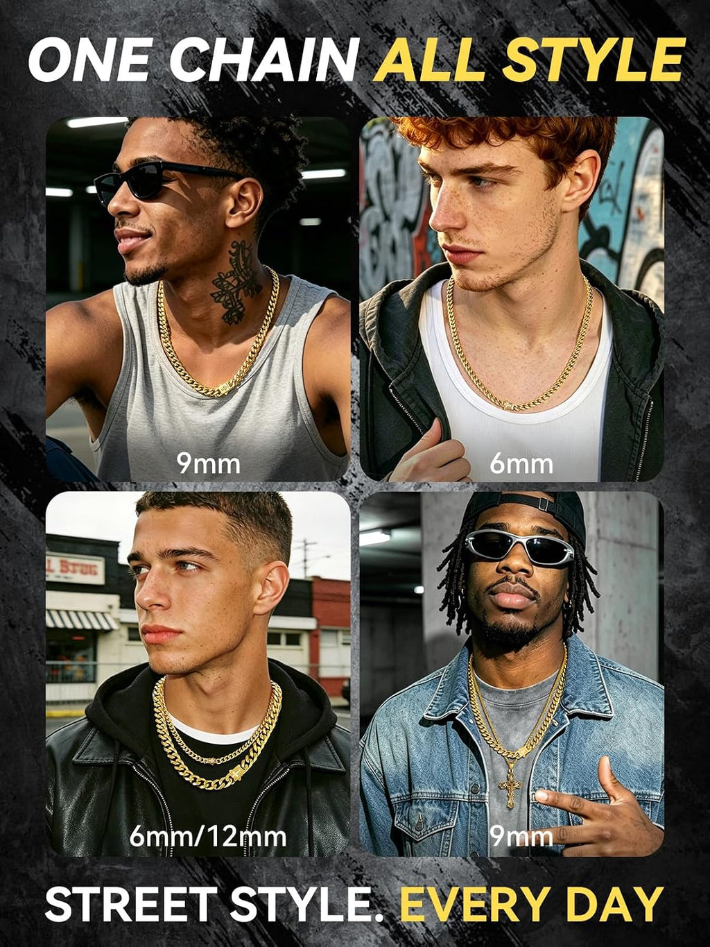 Mens Cuban Link Chain Necklace 6/9/12Mm, 18-30Inch, Stainless Steel/Black/Gold Plated with Blinged Out Cross Clasp, Hip Hop Chunky Jewelry for Men