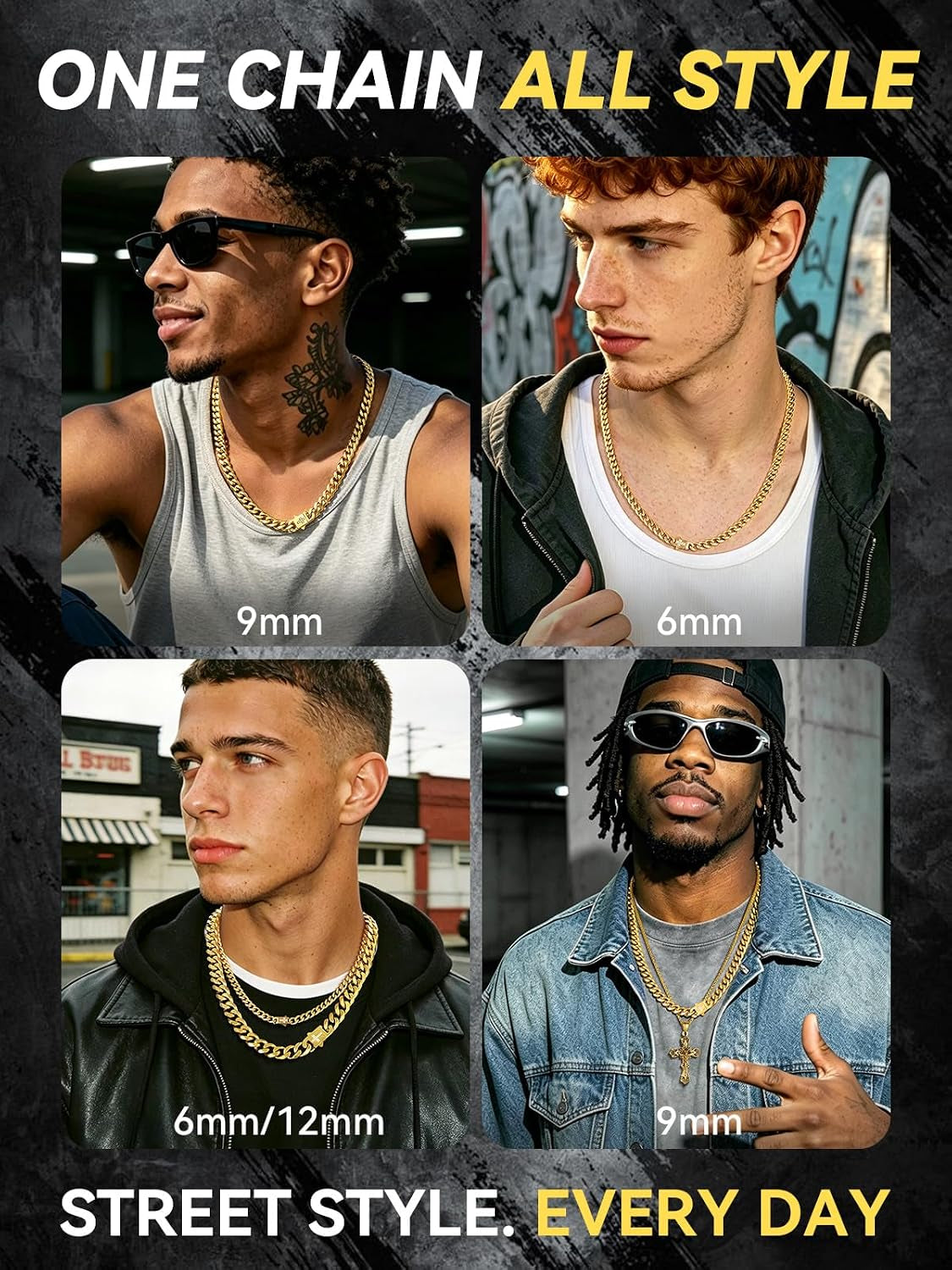 Mens Cuban Link Chain Necklace 6/9/12Mm, 18-30Inch, Stainless Steel/Black/Gold Plated with Blinged Out Cross Clasp, Hip Hop Chunky Jewelry for Men