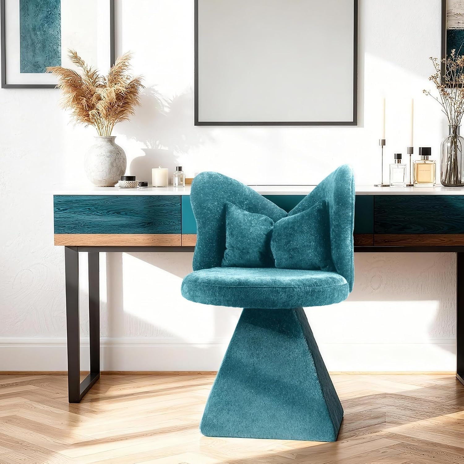 Chenille Vanity Chair with Butterfly Back, 360° Swivel Armless Accent Chair, Upholstered Single Sofa Chair for Living Room, Bedroom, Dining, or Vanity, Blue