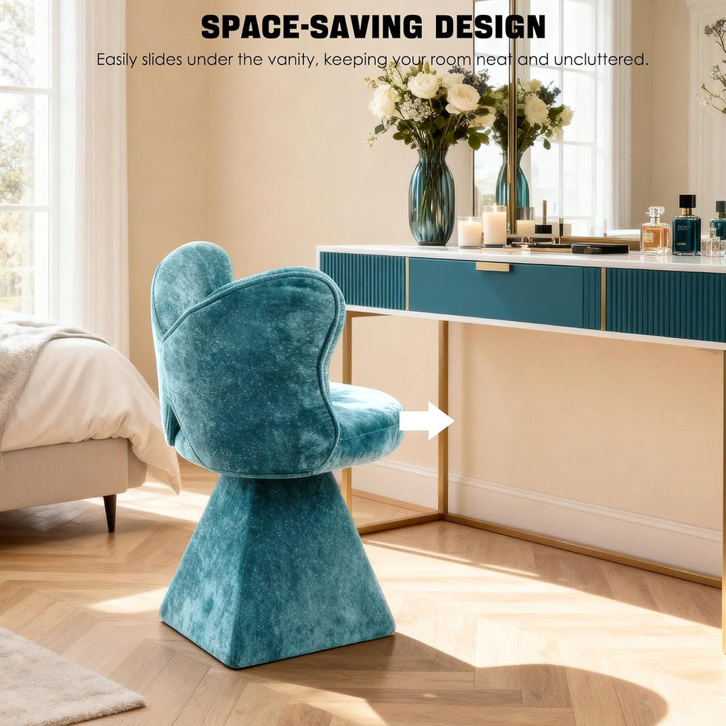 Chenille Vanity Chair with Butterfly Back, 360° Swivel Armless Accent Chair, Upholstered Single Sofa Chair for Living Room, Bedroom, Dining, or Vanity, Blue