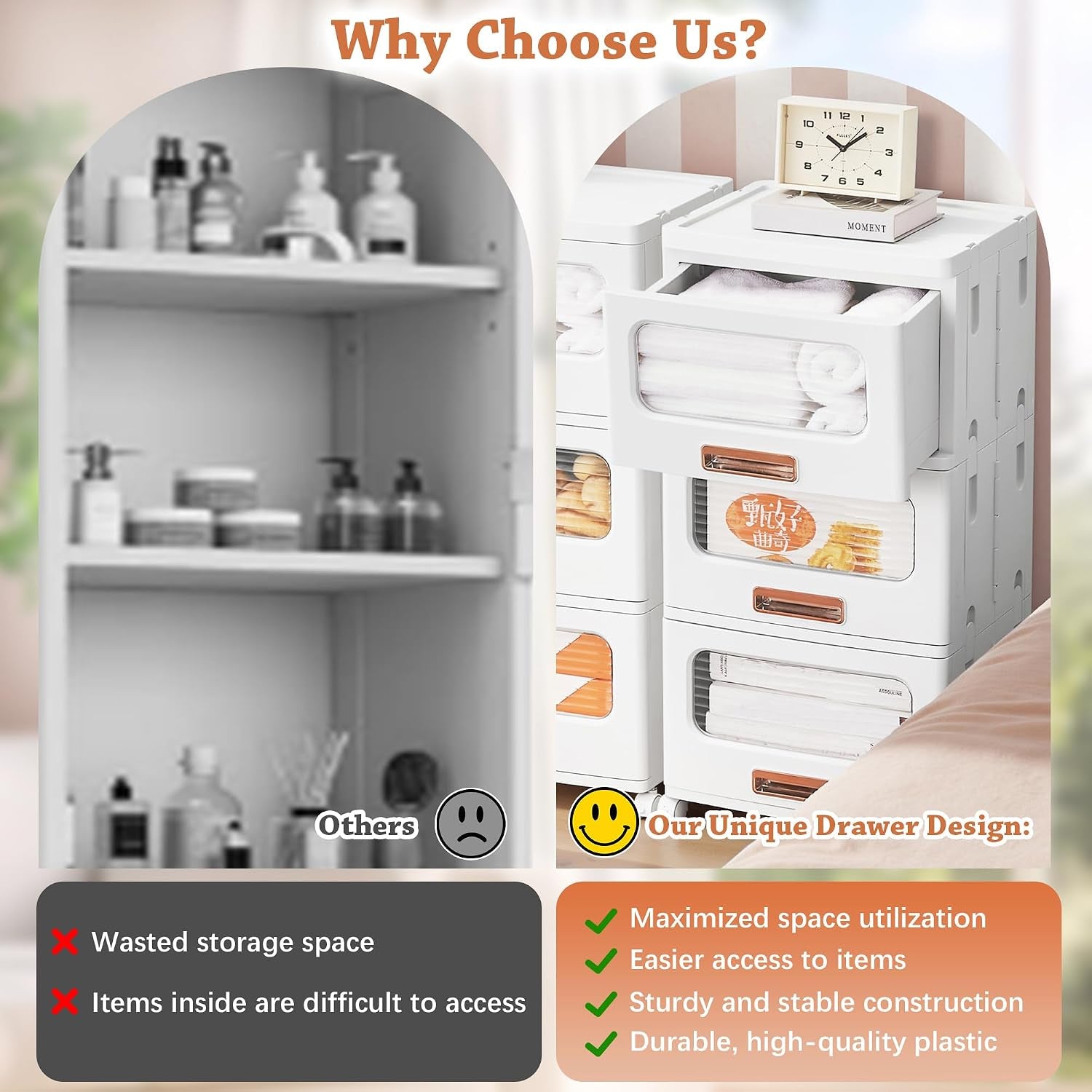 Plastic Storage Cabinet with Drawers, Stackable Storage Bins with Wheels, Waterproof Bathroom Storage Organizer, Multi-Tier Storage Drawers for Bedroom, Living Room, Kitchen, Medium 2-Tier