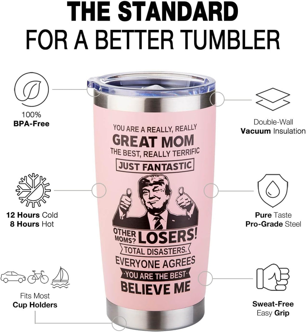 Gifts for Mom from Daughter, Son - Cool Birthday, Christmas, Mothers Day, Valentines Day Gift for Mom - Best Mom Ever Gifts - Moms Tumbler Cup Mug, 20 Oz Insulated Stainless Steel, Pink