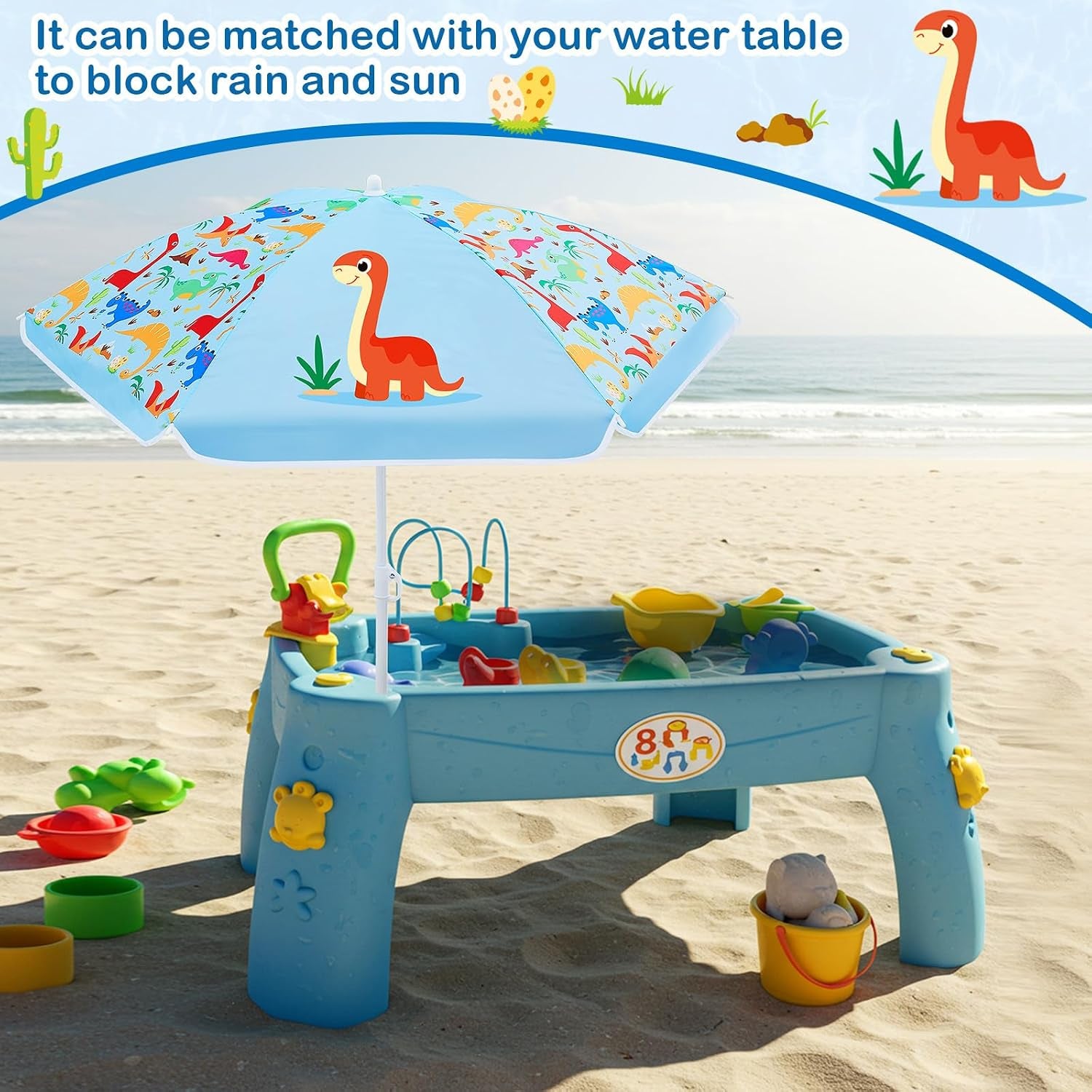 Water Table Umbrella (Table Not Included), Kids Seaside Beach Umbrella Picnic Canopy for Summer Toddlers Sand Beach Camping Garden Outdoor Pool Shade Party Supply(Dinosaur Theme)