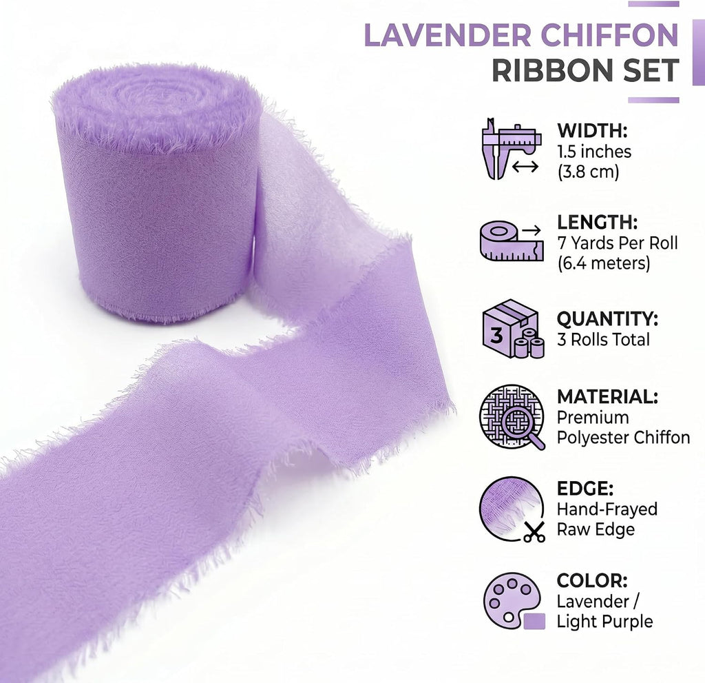 Handmade Chiffon Ribbon 1.5 Inch Wide, 3 Rolls 21 Yards, Lavender Frayed Edge Fabric Ribbon for Wedding Styling, Floral Arrangements, Gift Wrapping & Decorative Crafts(Lavender)
