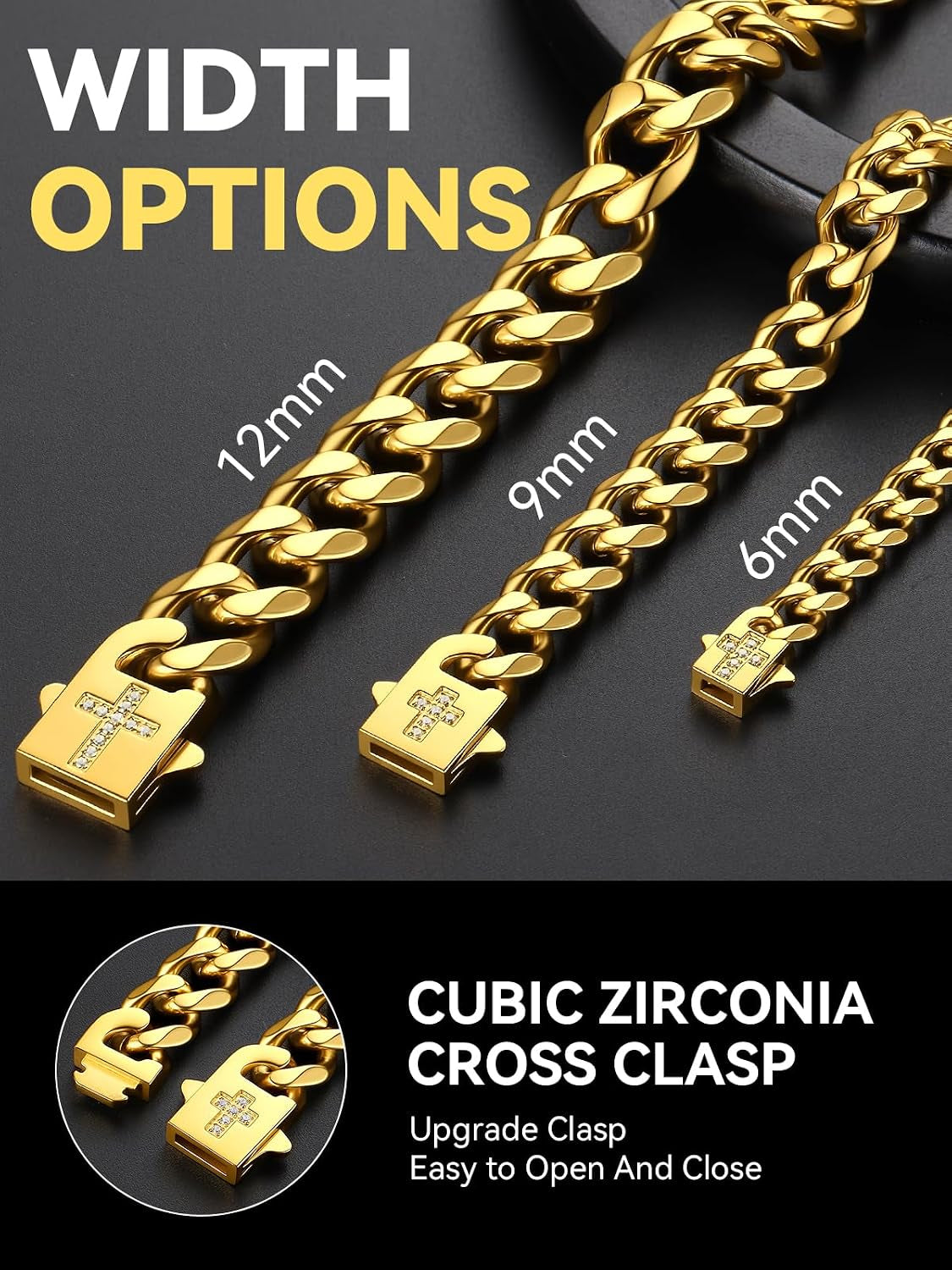 Mens Cuban Link Chain Necklace 6/9/12Mm, 18-30Inch, Stainless Steel/Black/Gold Plated with Blinged Out Cross Clasp, Hip Hop Chunky Jewelry for Men