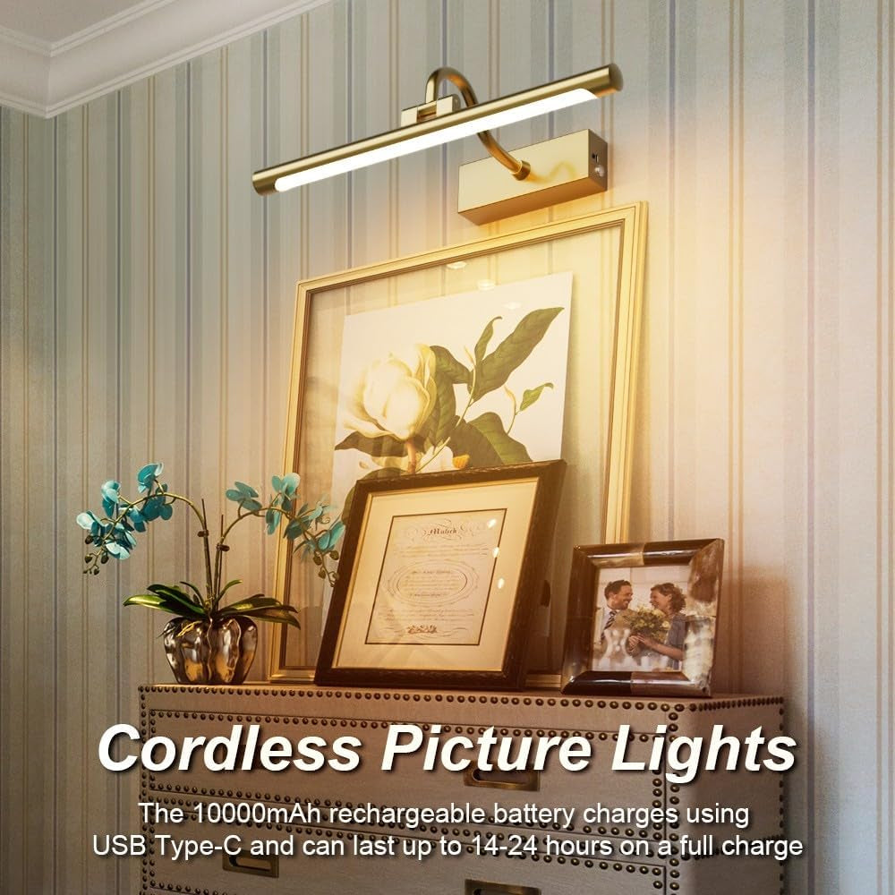 15.7" Brass Picture Lights for Wall Rechargeable,10000Mah Battery Operated Art Light for Paintings,3Cct Dimmable, Rotatable Gallery Light for Pictures Display