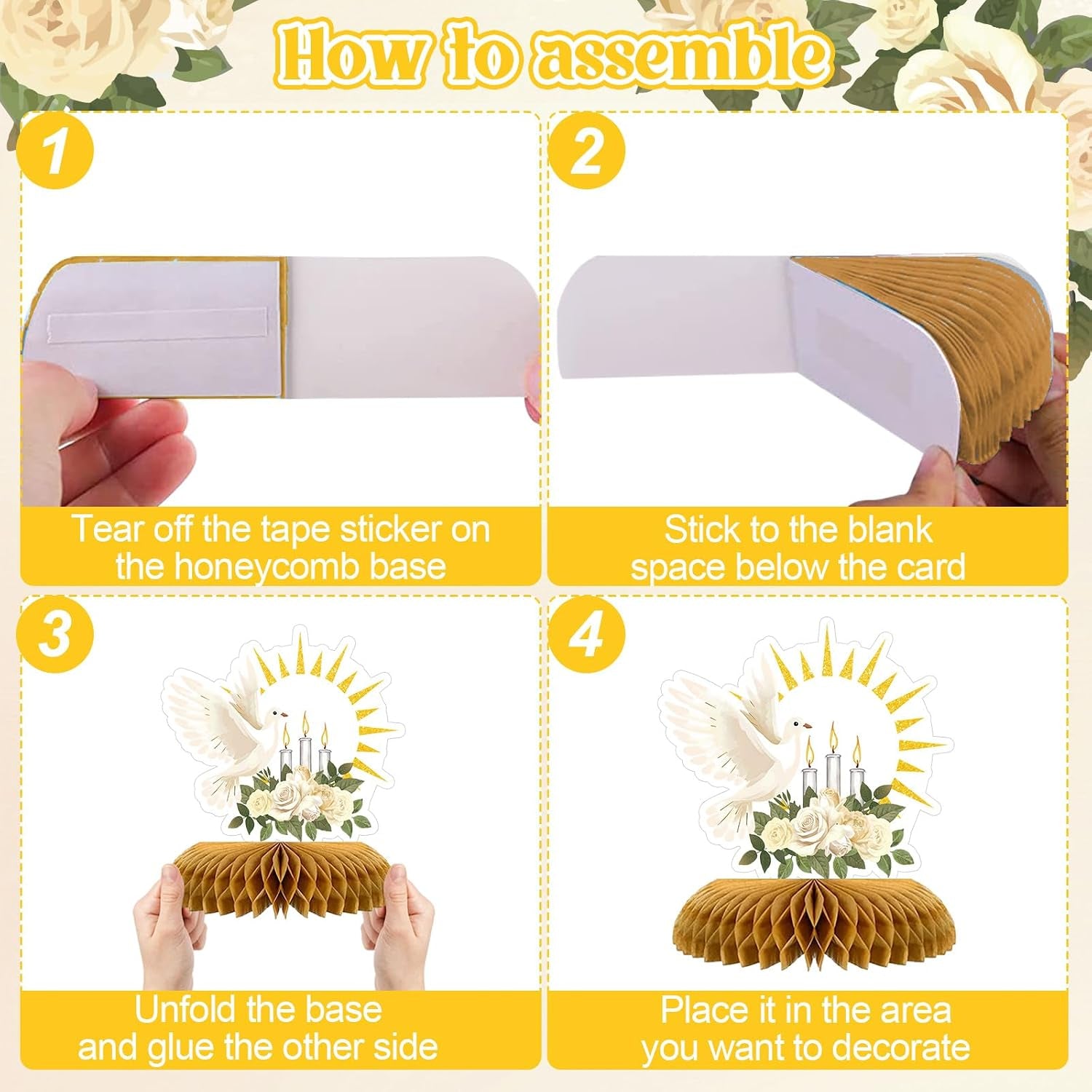 12 Pcs First Communion Decoration Baptism Party Honeycomb Centerpieces God Bless Cross Table Toppers for Baptism Themed Birthday Baby Shower Supplies (Holy Communion)