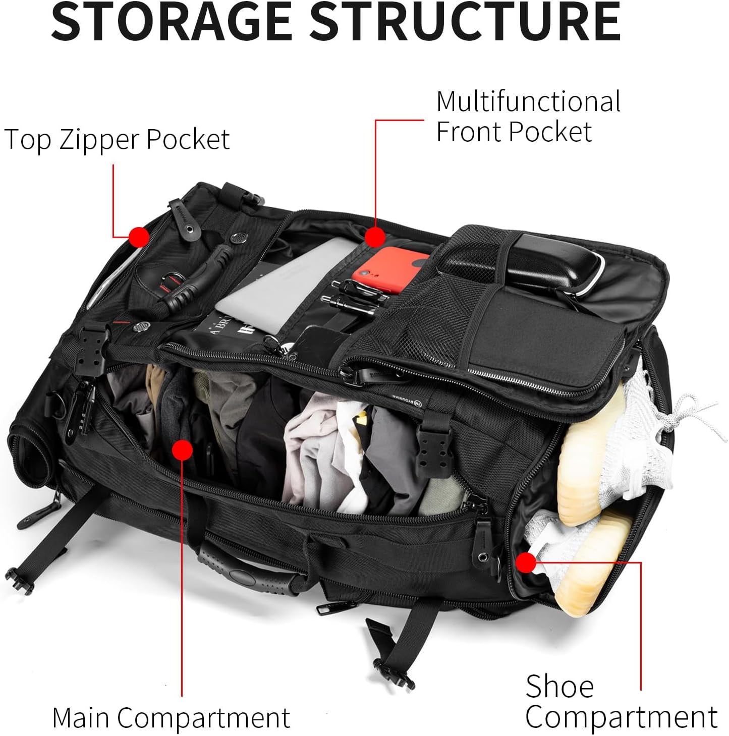 Large Capacity for Travel Hiking Sports Carry on Backpack Durable Convertible Duffle Bag Laptop Airplane (Black, 45L-Normal)